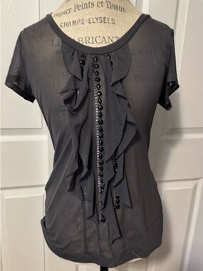 The Limited Black Beaded Gray Sequin Ruffle Front Short-Sleeve Medium Top